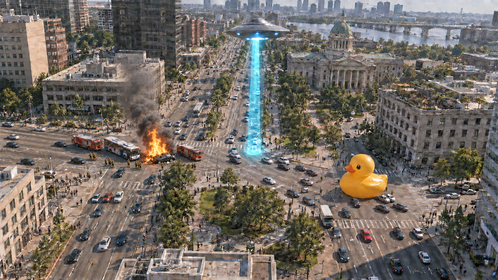 Starting image: a car fire, giant rubber duck and alien flying saucer across downtown streets